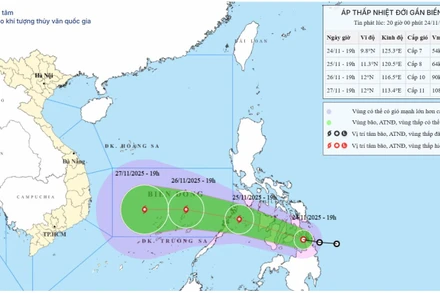 Bản đồ dự báo quỹ đạo và cường độ áp thấp nhiệt đới phát lúc 20 giờ ngày 24/11/2025. (Ảnh: Trung tâm Dự báo khí tượng thủy văn quốc gia)