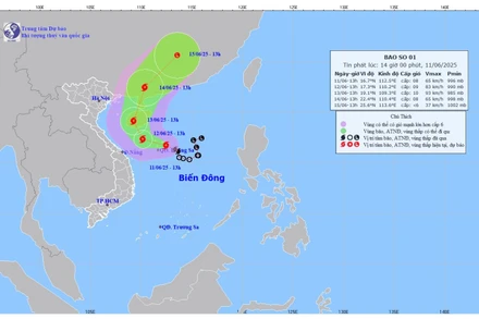 Bản đồ dự báo quỹ đạo và cường độ Bão số 1 lúc 14 giờ chiều 11/6. (Ảnh: Trung tâm Dự báo khí tượng thủy văn quốc gia)