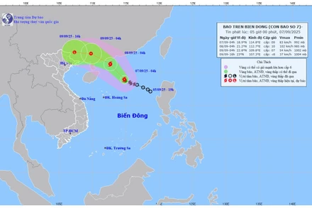 Bản đồ dự báo quỹ đạo và cường độ bão lúc 5 giờ sáng 7/9/2025. (Ảnh: Trung tâm Dự báo khí tượng thủy văn quốc gia)