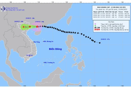 Bản đồ dự báo quỹ đạo và cường độ bão số 9 phát lúc 5 giờ sáng 25/9/2025. (Ảnh: Trung tâm Dự báo khí tượng thủy văn quốc gia)