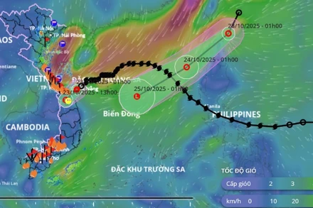Cập nhật hướng di chuyển của áp thấp nhiệt đới suy yếu từ cơn bão số 12 lúc 7 giờ 30 phút sáng 23/10. (Nguồn: Hệ thống Giám sát thiên tai Việt Nam)
