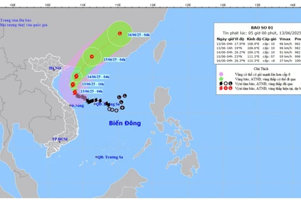 Bản đồ dự báo quỹ đạo và cường độ Bão số 1 lúc 5 giờ ngày 13/6.