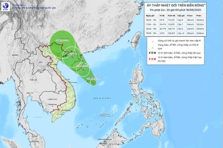 Bản đồ dự báo quỹ đạo và cường độ áp thấp nhiệt đới lúc 20 giờ ngày 16/8. (Ảnh: Trung tâm Dự báo khí tượng thủy văn quốc gia)
