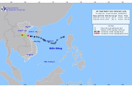 Bản đồ dự báo quỹ đạo và cường độ áp thấp nhiệt đới lúc 16 giờ 30 phút ngày 30/8/2025. (Ảnh: Trung tâm Dự báo khí tượng thủy văn quốc gia)