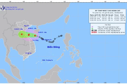 Bản đồ dự báo quỹ đạo và cường độ áp thấp nhiệt đới lúc 5 giờ sáng 30/8/2025. (Ảnh: Trung tâm Dự báo khí tượng thủy văn quốc gia)