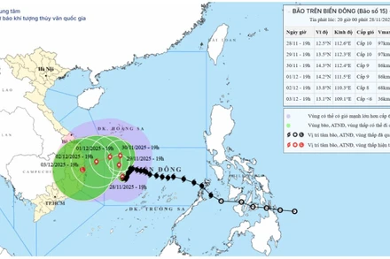 Bản đồ dự báo quỹ đạo và cường độ bão số 15 phát lúc 20 giờ tối 28/11/2025. (Nguồn: Trung tâm Dự báo khí tượng thủy văn quốc gia)