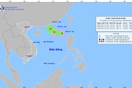 Bản đồ dự báo quỹ đạo và cường độ áp thấp nhiệt đới lúc 5 giờ sáng 8/8/2025. (Ảnh: Trung tâm Dự báo khí tượng thủy văn quốc gia)