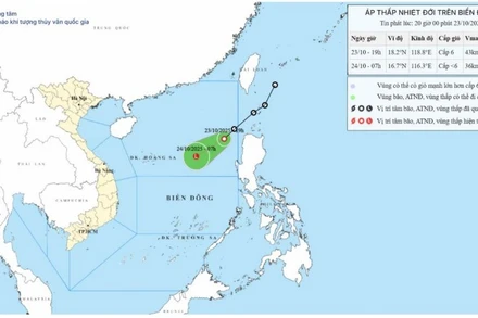 Bản đồ dự báo quỹ đạo và cường độ áp thấp nhiệt đới phát lúc 20 giờ tối 23/10/2025. (Nguồn: Trung tâm Dự báo khí tượng thủy văn quốc gia)