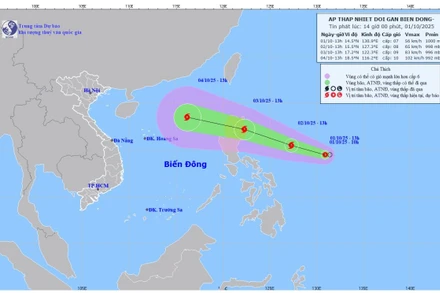 Bản đồ dự báo quỹ đạo và cường độ áp thấp nhiệt đới phát lúc 14 giờ chiều 1/10/2025. (Ảnh: Trung tâm Dự báo khí tượng thủy văn quốc gia)