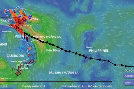 Vị trí và đường đi của bão số 10 (Bualoi) vào lúc 14 giờ chiều 29/9. (Nguồn: Hệ thống Giám sát thiên tai Việt Nam)
