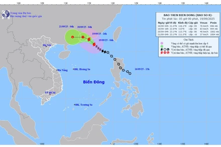 Bản đồ dự báo quỹ đạo và cường độ bão phát lúc 5 giờ sáng 19/9/2025. (Ảnh: Trung tâm Dự báo khí tượng thủy văn quốc gia)