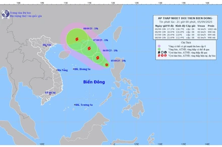 Bản đồ dự báo quỹ đạo và cường độ áp thấp nhiệt đới lúc 21 giờ ngày 5/9/2025. (Ảnh: Trung tâm Dự báo khí tượng thủy văn quốc gia)