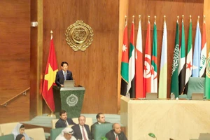 Chủ tịch nước phát biểu chính sách tại Liên đoàn Arab. (Ảnh: XUÂN KỲ) 