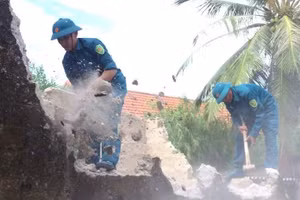Lực lượng dân quân xã Ninh Châu (Quảng Trị) tham gia hỗ trợ phá dỡ nhà cũ đến xây nhà mới cho gia đình nạn nhân chất độc hóa học. (Ảnh nhandan.vn)