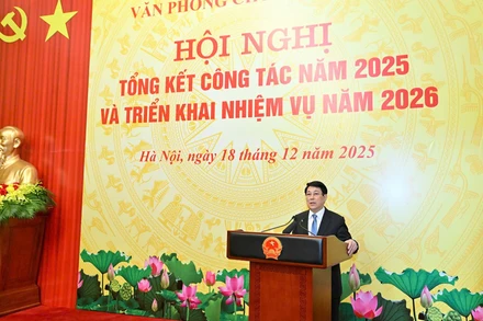Chủ tịch nước Lương Cường phát biểu tại Hội nghị tổng kết công tác năm 2025 của Văn phòng Chủ tịch nước.