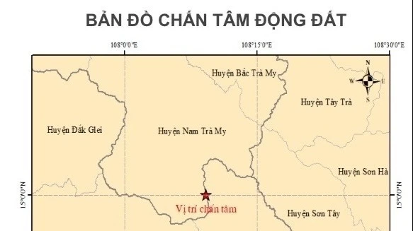 Bản đồ tâm chấn động đất tại huyện Kon Plông, tỉnh Kon Tum. (Nguồn: Trung tâm Báo tin động đất và Cảnh báo sóng thần, Viện Các khoa học trái đất)