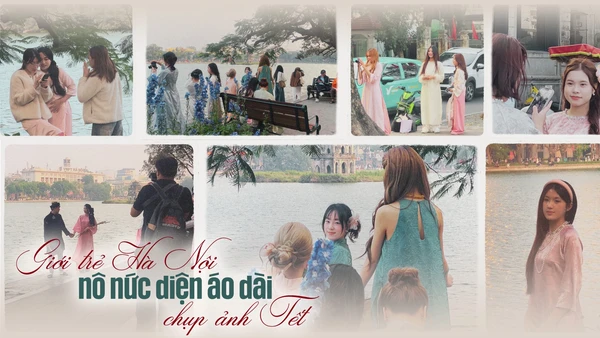 Giới trẻ nô nức diện áo dài xuống phố chụp ảnh đón Tết.