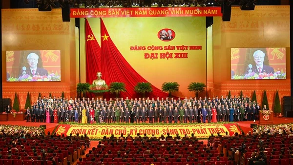 Quang cảnh phiên bế mạc Đại hội XIII của Đảng tại Trung tâm Hội nghị quốc gia.