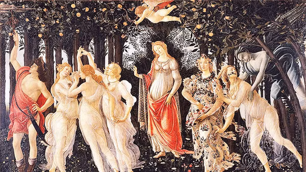 La Primavera, Sandro Botticelli, tempera trên ván gỗ, 3.14×2.03 m, Bảo tàng Mỹ thuật Uffizi, thành phố Firenze (Florence), Italia.
