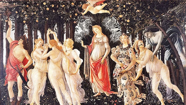 La Primavera, Sandro Botticelli, tempera trên ván gỗ, 3.14×2.03 m, Bảo tàng Mỹ thuật Uffizi, thành phố Firenze (Florence), Italia.
