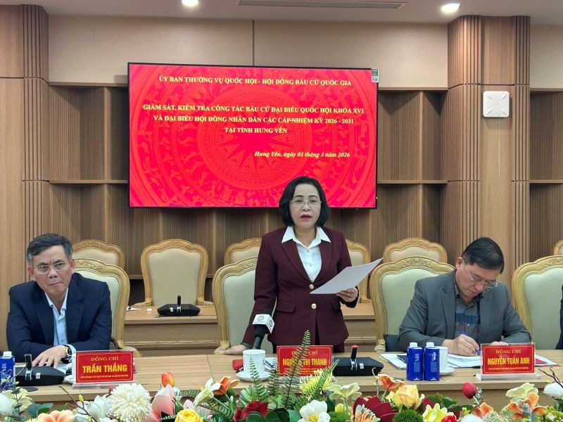 Ủy viên Trung ương Đảng, Phó Chủ tịch Quốc hội Nguyễn Thị Thanh - Ủy viên Hội đồng Bầu cử quốc gia làm Trưởng đoàn, tiến hành giám sát, kiểm tra công tác bầu cử đại biểu Quốc hội khóa XVI và đại biểu Hội đồng nhân dân các cấp nhiệm kỳ 2026-2031 tại Hưng Yên.