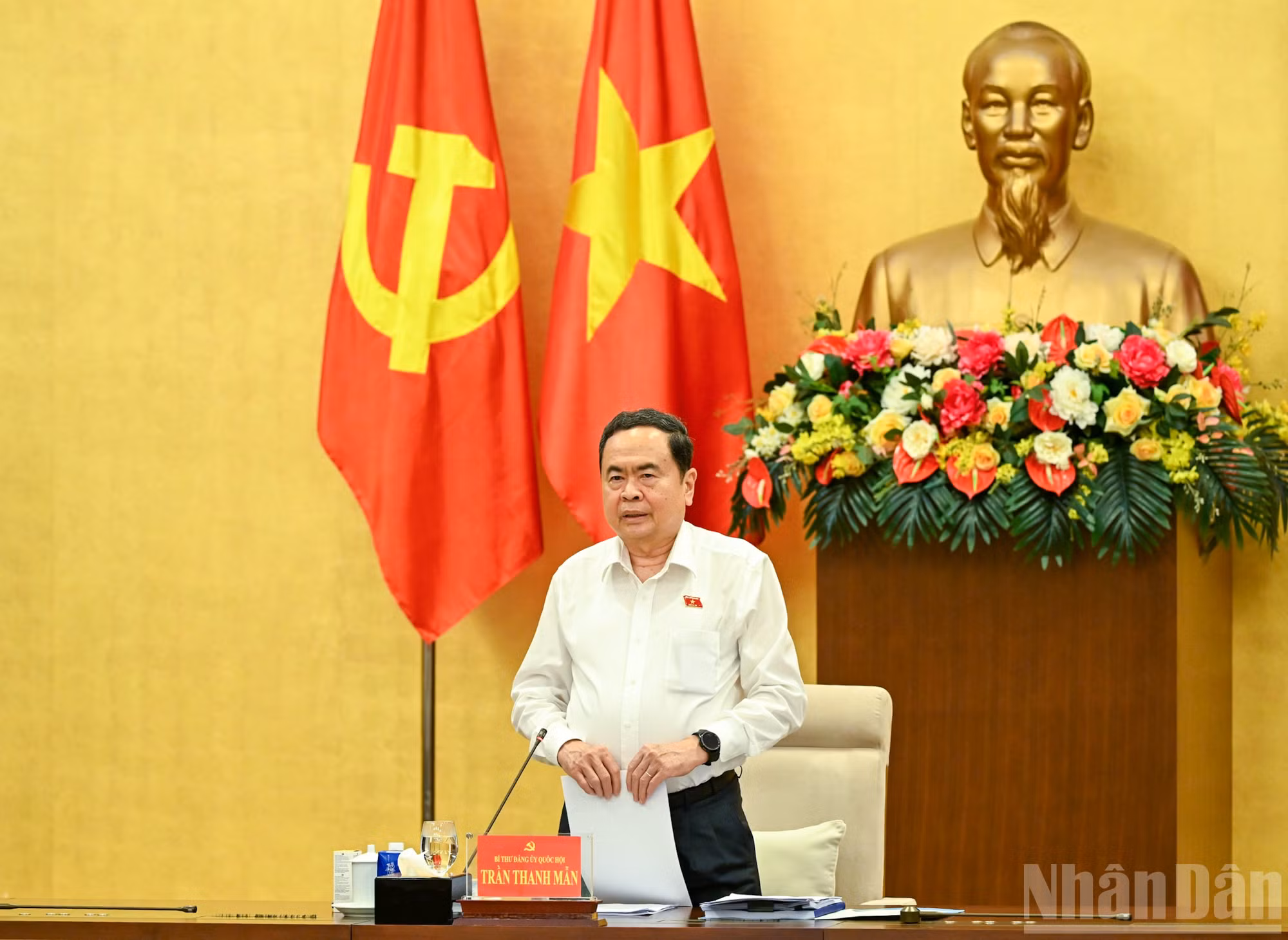 Bí thư Đảng ủy Quốc hội, Chủ tịch Quốc hội Trần Thanh Mẫn phát biểu kết luận hội nghị. (Ảnh: DUY LINH)