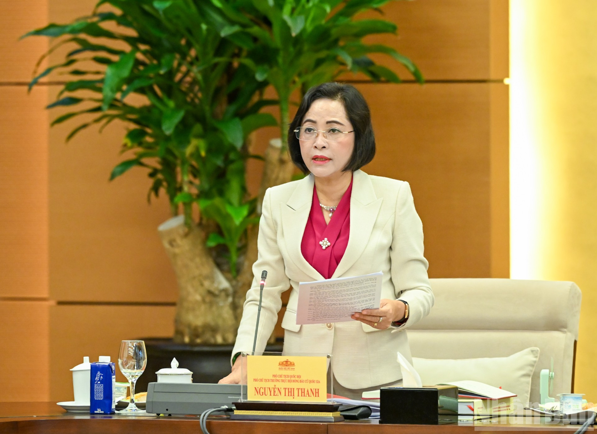 Phó Chủ tịch Quốc hội Nguyễn Thị Thanh, Phó Chủ tịch Thường trực Hội đồng Bầu cử quốc gia điều hành nội dung thảo luận tại phiên họp. ndo_br_bnd-2232.jpg