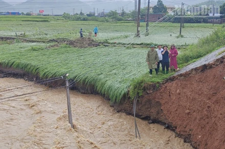 Mố cầu ở Khu vực cầu bản Trò 2, tuyến quốc lộ 37 bị ảnh hưởng, nguy cơ cầu bị mưa lũ cuốn trôi. (Ảnh: HOÀNG LONG)