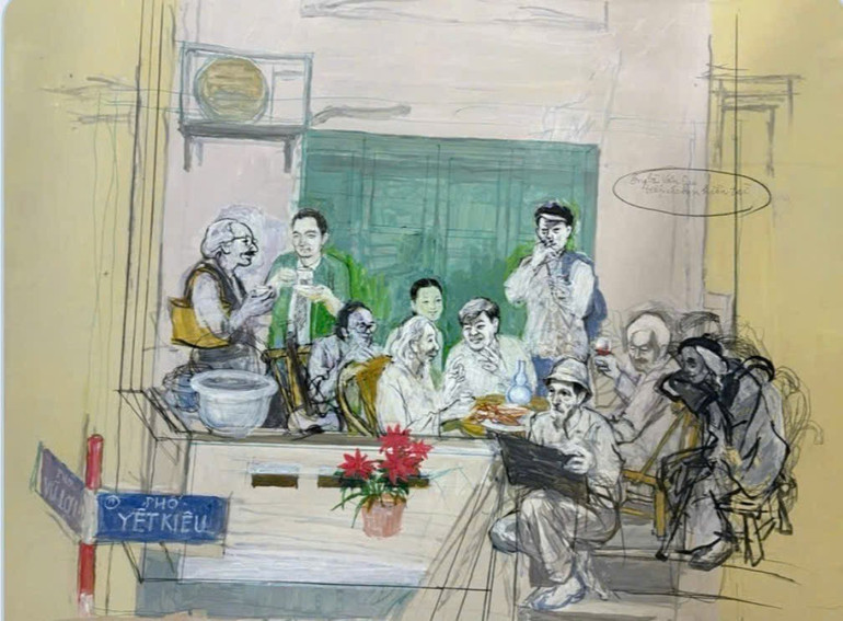 "Ông bà Văn Cao tiếp các bạn hiền tài", tranh bột màu, sáng tác năm 1993. z6887999062677-d2572012785ff891a4677619d7af0c96.jpg