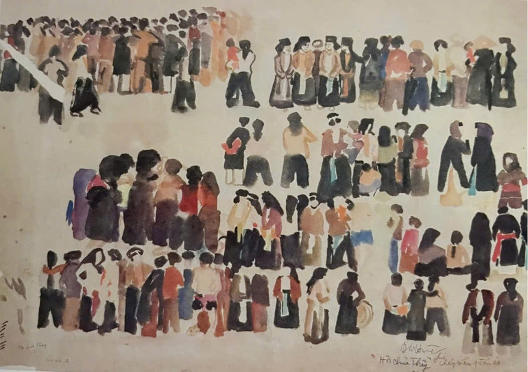"Ghi chép màu quần áo ở hội chùa Thầy", tranh màu nước, sáng tác năm 1957. z6887999106798-4330c27d0f4a094f2dabaf9c06d467e0.jpg