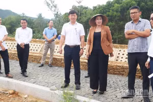 Phó Chủ tịch Ủy ban nhân dân thành phố Đà Nẵng Nguyễn Thị Anh Thi kiểm tra thực tế tình hình thực hiện Dự án Phát huy giá trị di tích nhà lưu niệm cụ Huỳnh Thúc Kháng tại xã Thạnh Bình.