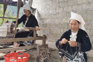 Những phụ nữ dân tộc Dao ở Bản Cám Thượng vẫn dệt vải hằng ngày. (Ảnh: NGỌC TÚ)
