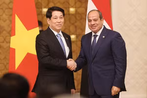 Chủ tịch nước Lương Cường và Tổng thống Ai Cập Abdel Fattah AL Sisi tại cuộc gặp gỡ báo chí, thông tin về kết quả hội đàm. (Ảnh: TTXVN) 