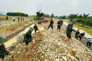 Cán bộ, chiến sĩ Trung đoàn 832 giúp dân gia cố, ngăn sạt lở bờ suối Cái, xã Đại Từ. (Ảnh: DUY ĐỨC)