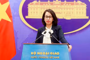 Bà Phạm Thu Hằng trong vai trò Người phát ngôn Bộ Ngoại giao Việt Nam tại một cuộc họp báo thường kỳ của Bộ Ngoại giao Việt Nam. (Ảnh: TTXVN)