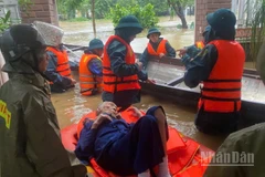 Quân đội giúp đưa người già ra khỏi khu vực ngập sâu đến nơi an toàn.