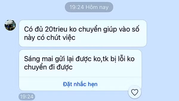 Một trong nhiều tin nhắn mượn tiền từ tài khoản Zalo bị hack của ông Trần Thanh Út. 