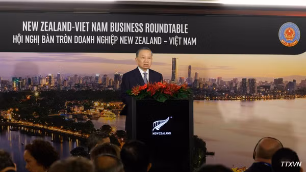 Tổng Bí thư, Chủ tịch nước Tô Lâm phát biểu tại Tọa đàm doanh nghiệp Việt Nam-New Zealand. (Ảnh: Thống Nhất/TTXVN)