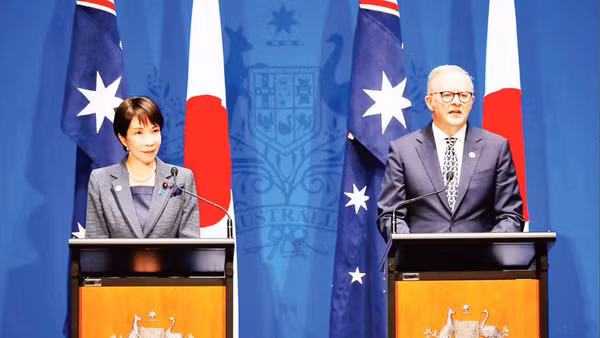 Các nhà lãnh đạo Nhật Bản và Australia gặp mặt tại Canberra, Australia. (Ảnh: BLOOMBERG)