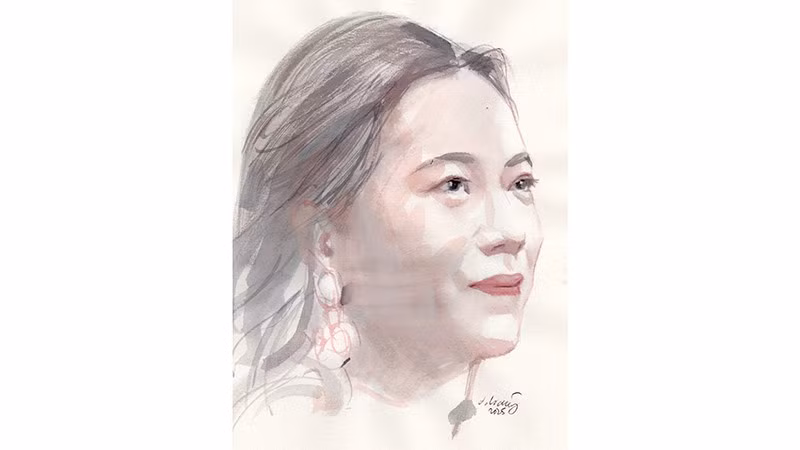 Ký họa chân dung nhà thơ Vi Thùy Linh của họa sĩ Đỗ Hoàng Tường.