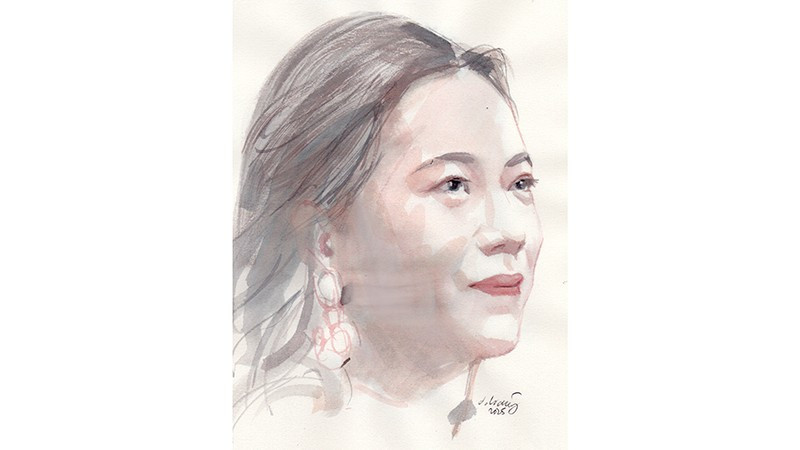 Ký họa chân dung nhà thơ Vi Thùy Linh của họa sĩ Đỗ Hoàng Tường.