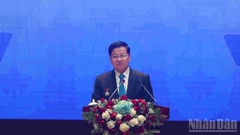 Tổng Bí thư, Chủ tịch nước Lào Thongloun Sisoulith phát biểu tại lễ kỷ niệm 80 năm Ngày truyền thống ngành Ngoại giao Lào. (Ảnh: DUY TOÀN) ndo_br_1.jpg
