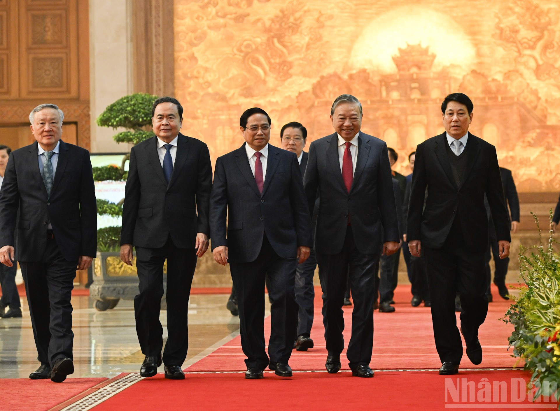 Tổng Bí thư Tô Lâm, Chủ tịch nước Lương Cường, Thủ tướng Phạm Minh Chính, Chủ tịch Quốc hội Trần Thanh Mẫn dự Hội nghị.