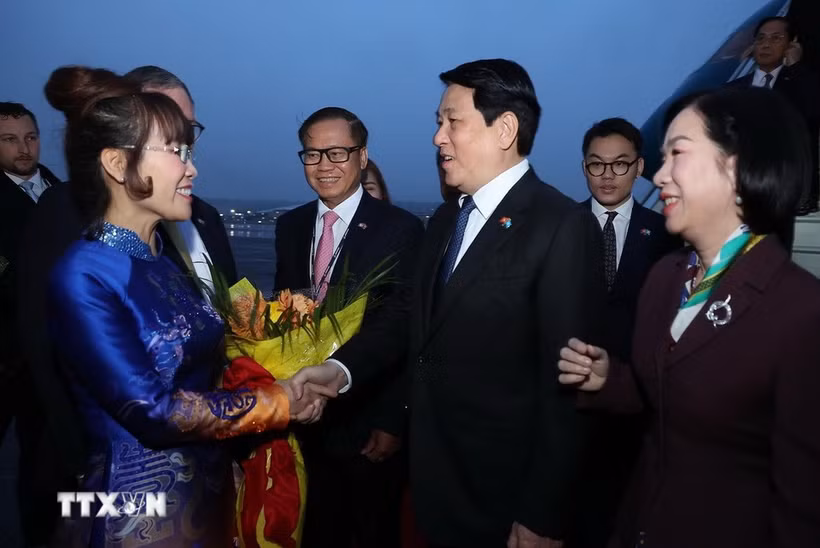 Các đại biểu đón Chủ tịch nước Lương Cường và Phu nhân tại sân bay Boeing Field Seattle, bang Washington (Hoa Kỳ). (Ảnh: TTXVN)