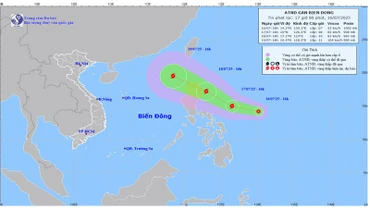 Bản đồ dự báo quỹ đạo và cường độ áp thấp nhiệt đới gần Biển Đông phát lúc 17giờ ngày 16/7/.