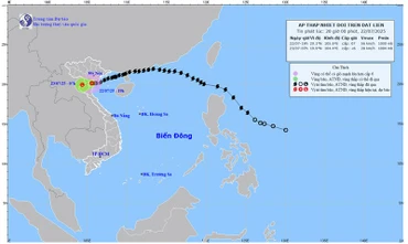 Bản đồ dự báo quỹ đạo và cường độ áp thấp nhiệt đới do Trung tâm Dự báo khí tượng thủy văn quốc gia phát lúc 20 giờ ngày 22/7.