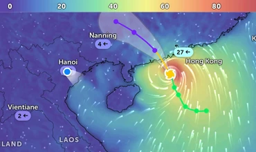 Đường đi của bão số 7 lúc 6 giờ 40 phút. (Ảnh: Zoom Earth).