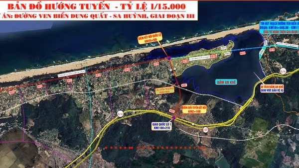 Bản đồ hướng tuyến dự án đường ven biển Dung Quất-Sa Huỳnh giai đoạn 3.