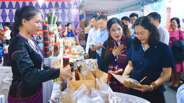 Các đại biểu tham quan gian hàng trưng bày tại Hội chợ. (Ảnh: TRỌNG ANH)