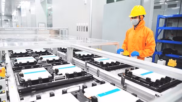 Công nhân Trung Quốc vận hành một dây chuyền sản xuất pin lithium. Ảnh: XINHUA 